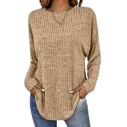 Effortless Grey Knit Sweater for Women with Crew Neck Long Sleeve Flowing Pockets Casual Style