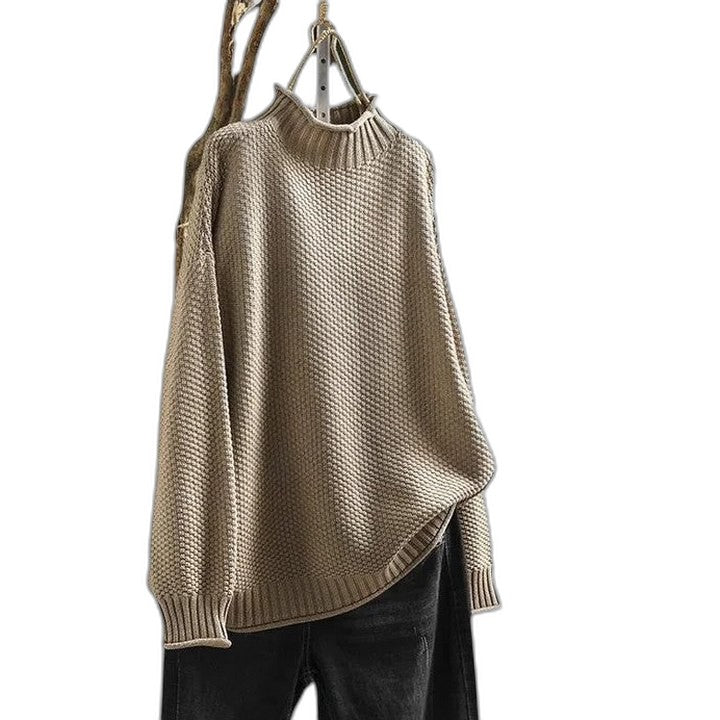 Effortless Grey Knit Sweater for Women with Turtleneck Long Sleeve Casual Style