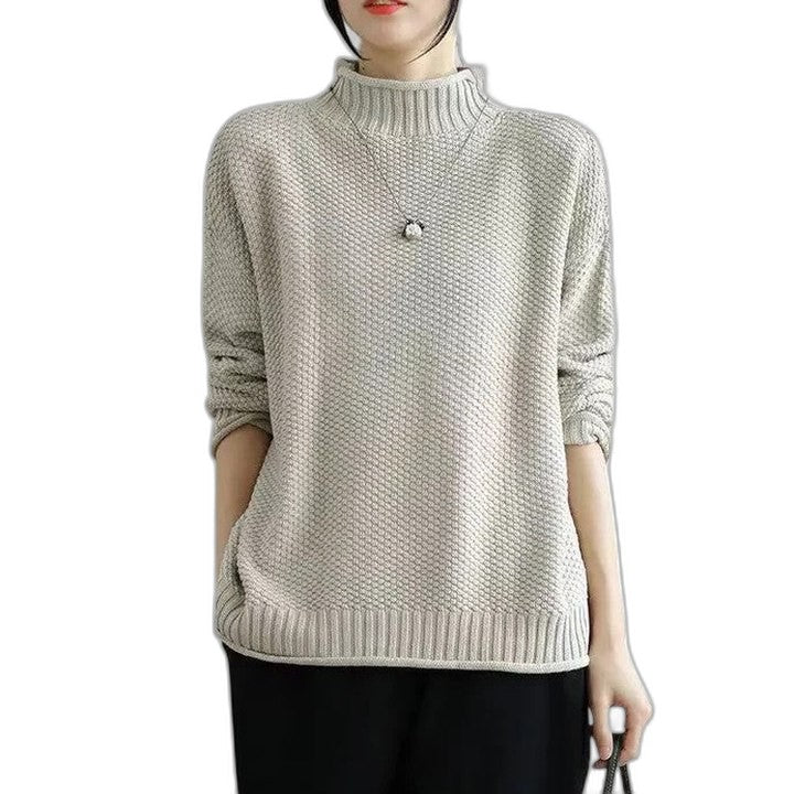 Effortless Grey Knit Sweater for Women with Turtleneck Long Sleeve Casual Style