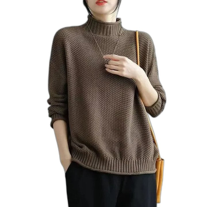 Effortless Grey Knit Sweater for Women with Turtleneck Long Sleeve Casual Style