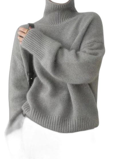 Effortless Grey Knit Sweater for Women with Turtleneck Long Sleeve Oversized Casual Style