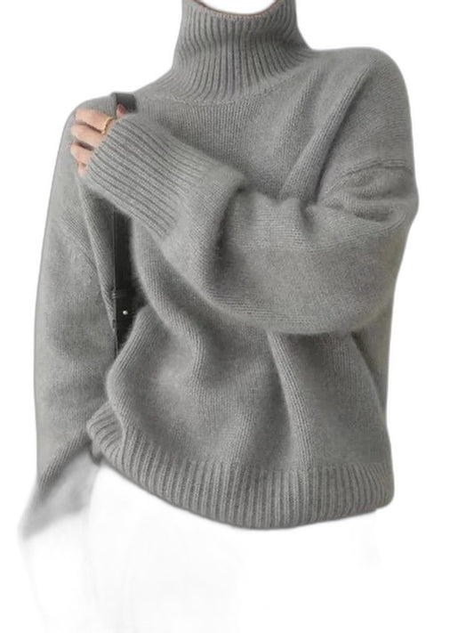 Effortless Grey Knit Sweater for Women with Turtleneck Long Sleeve Oversized Casual Style