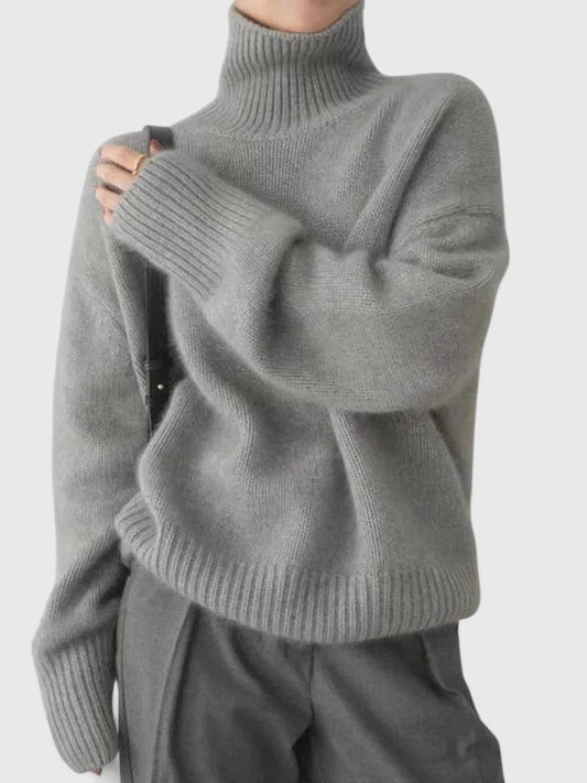 Effortless Grey Knit Sweater for Women with Turtleneck Long Sleeve Oversized Casual Style