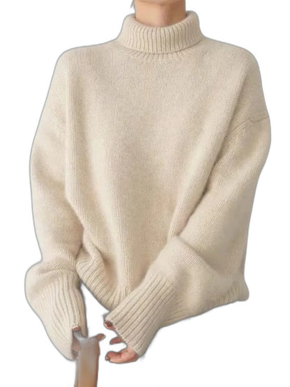 Effortless Grey Knit Sweater for Women with Turtleneck Long Sleeve Oversized Casual Style