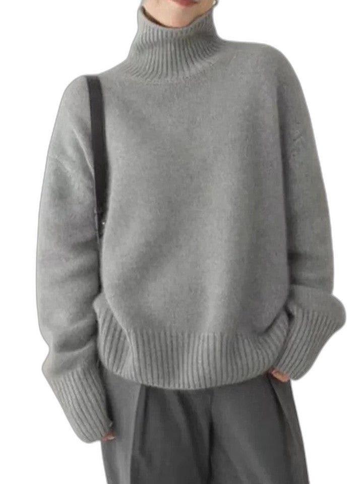 Effortless Grey Knit Sweater for Women with Turtleneck Long Sleeve Oversized Casual Style
