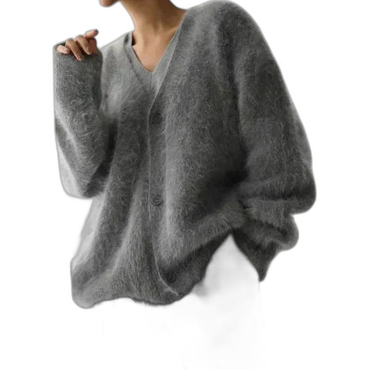 Effortless Grey Knit Sweater for Women with V Neck Long Sleeve Oversized Casual Style