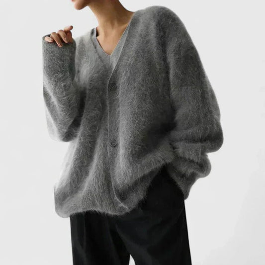 Effortless Grey Knit Sweater for Women with V Neck Long Sleeve Oversized Casual Style