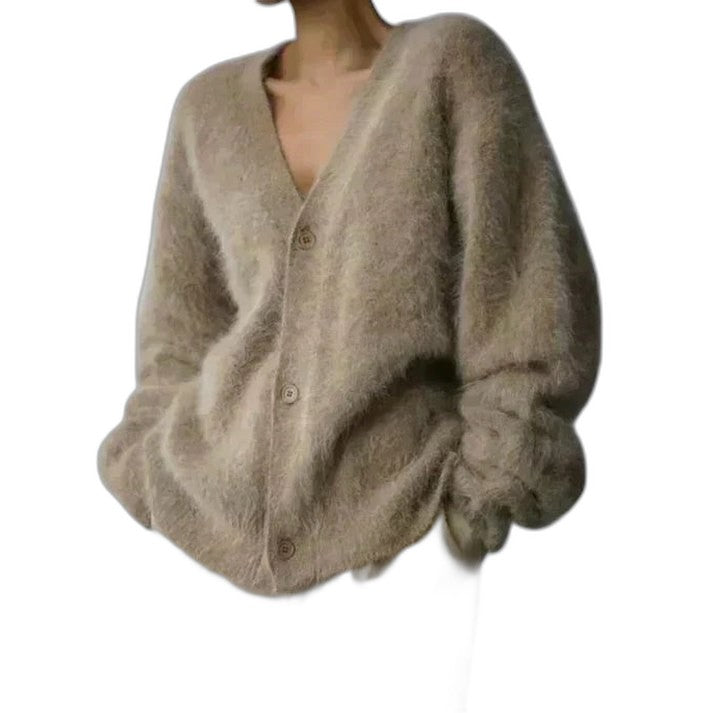 Effortless Grey Knit Sweater for Women with V Neck Long Sleeve Oversized Casual Style