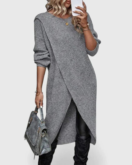 Effortless Grey Knit Tunic for Women with Crew Neck Long Sleeve Wrap Oversized Casual Style