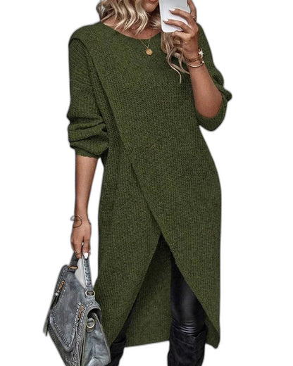 Effortless Grey Knit Tunic for Women with Crew Neck Long Sleeve Wrap Oversized Casual Style