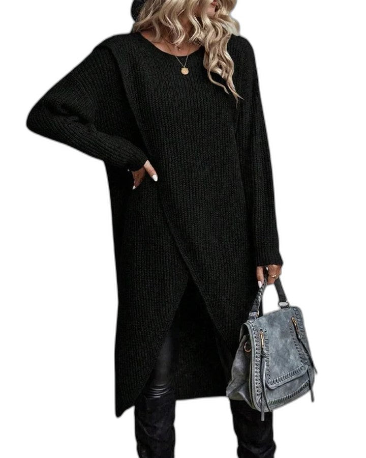 Effortless Grey Knit Tunic for Women with Crew Neck Long Sleeve Wrap Oversized Casual Style