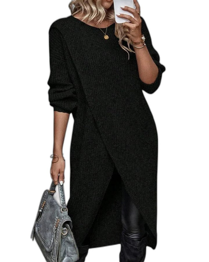 Effortless Grey Knit Tunic for Women with Crew Neck Long Sleeve Wrap Oversized Casual Style
