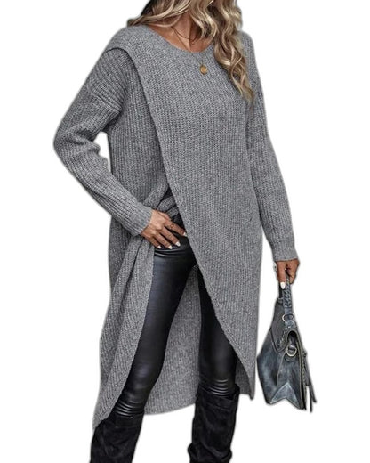 Effortless Grey Knit Tunic for Women with Crew Neck Long Sleeve Wrap Oversized Casual Style