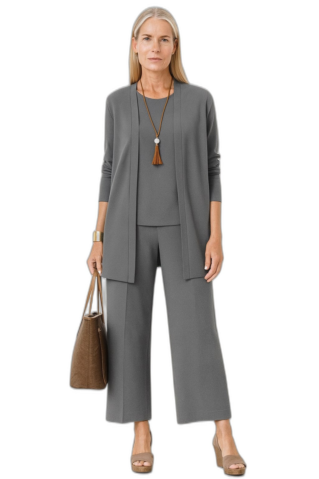 Effortless Grey Knit Two Piece Set for Women with Wide Leg Casual Style