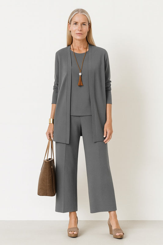 Effortless Grey Knit Two Piece Set for Women with Wide Leg Casual Style