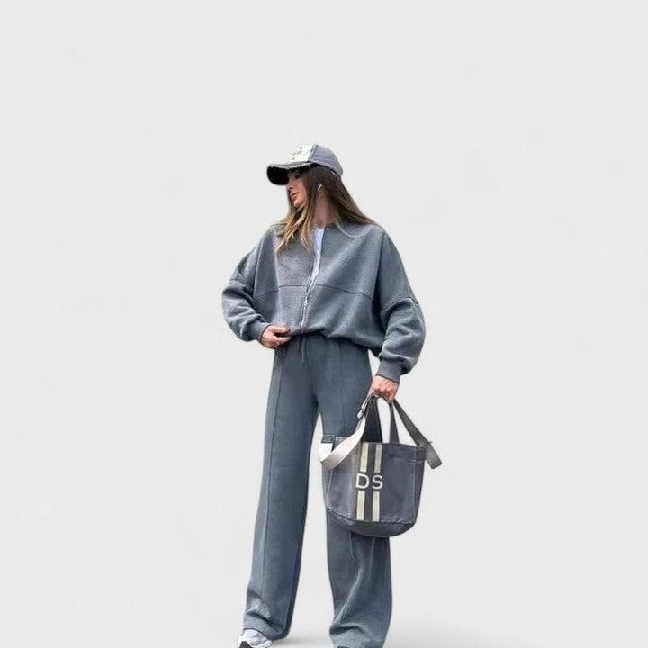 Effortless Grey Knit Two Piece Set for Women with Wide Leg Oversized Casual Style