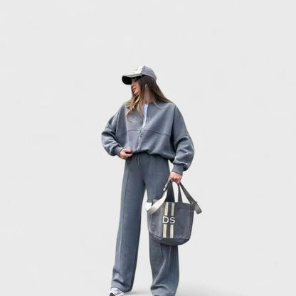 Effortless Grey Knit Two Piece Set for Women with Wide Leg Oversized Casual Style
