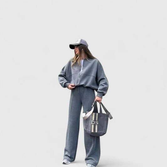 Effortless Grey Knit Two Piece Set for Women with Wide Leg Oversized Casual Style