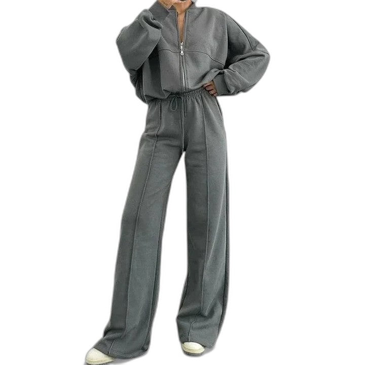 Effortless Grey Knit Two Piece Set for Women with Wide Leg Oversized Casual Style