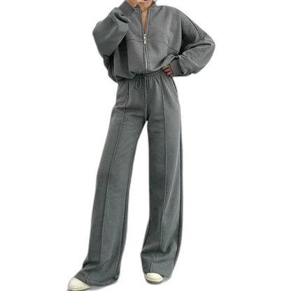 Effortless Grey Knit Two Piece Set for Women with Wide Leg Oversized Casual Style
