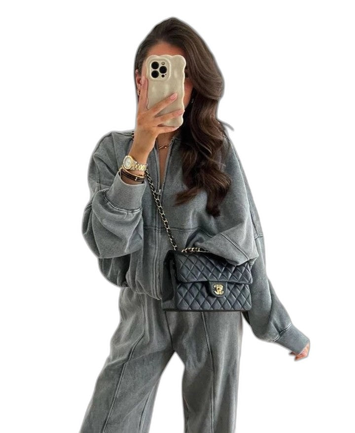 Effortless Grey Knit Two Piece Set for Women with Wide Leg Oversized Casual Style