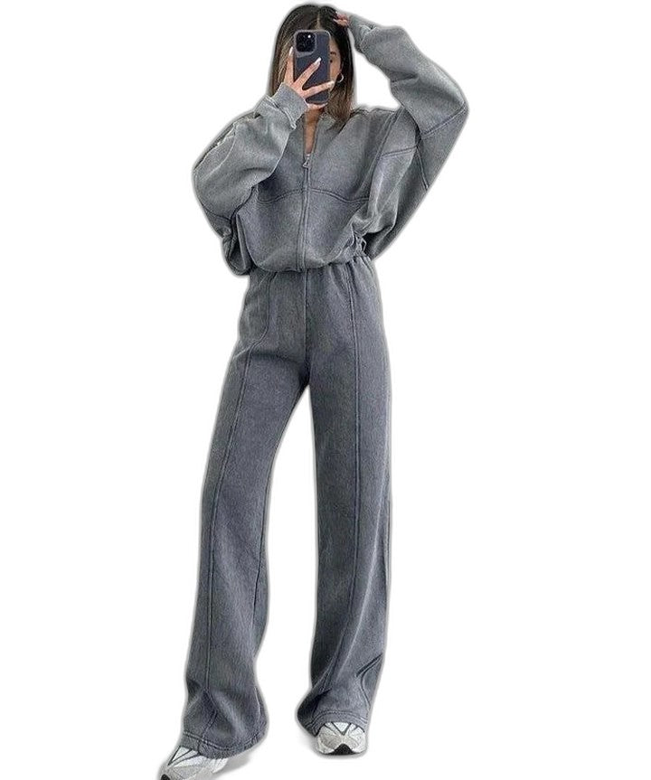 Effortless Grey Knit Two Piece Set for Women with Wide Leg Oversized Casual Style