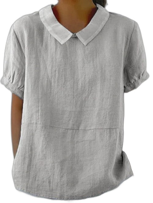 Effortless Grey Linen Blouse for Women with Collared Short Sleeve Oversized Casual Style