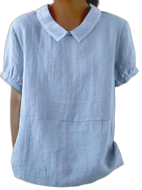 Effortless Grey Linen Blouse for Women with Collared Short Sleeve Oversized Casual Style