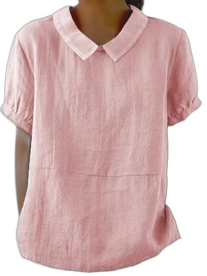 Effortless Grey Linen Blouse for Women with Collared Short Sleeve Oversized Casual Style