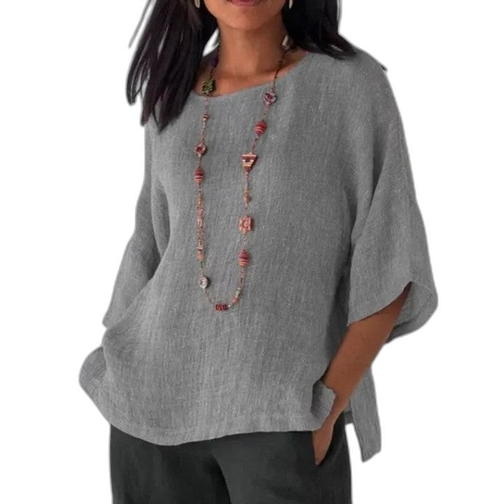 Effortless Grey Linen Blouse for Women with Crew Neck Short Sleeve Oversized Casual Style