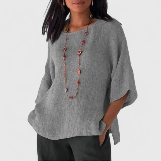 Effortless Grey Linen Blouse for Women with Crew Neck Short Sleeve Oversized Casual Style