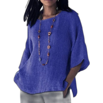 Effortless Grey Linen Blouse for Women with Crew Neck Short Sleeve Oversized Casual Style
