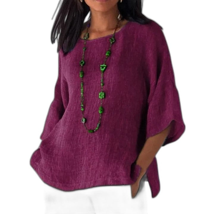 Effortless Grey Linen Blouse for Women with Crew Neck Short Sleeve Oversized Casual Style
