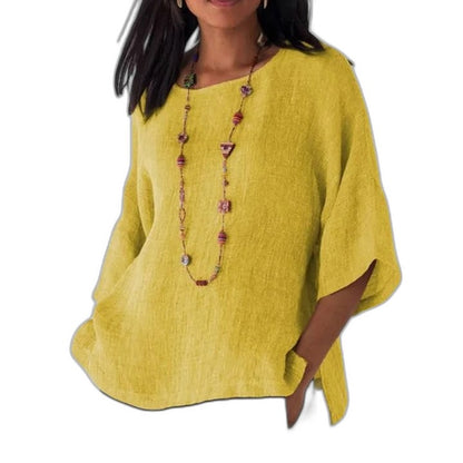 Effortless Grey Linen Blouse for Women with Crew Neck Short Sleeve Oversized Casual Style