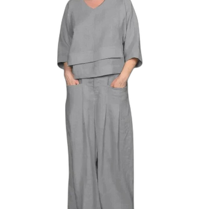 Effortless Grey Linen Two Piece Set for Women with Wide Leg Flowing Casual Style