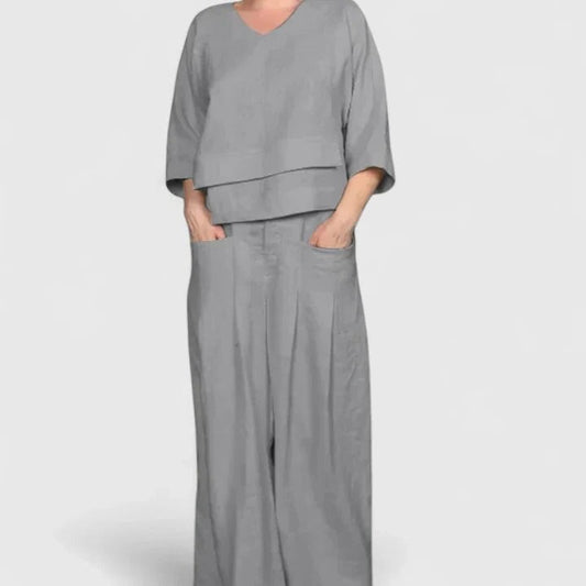 Effortless Grey Linen Two Piece Set for Women with Wide Leg Flowing Casual Style