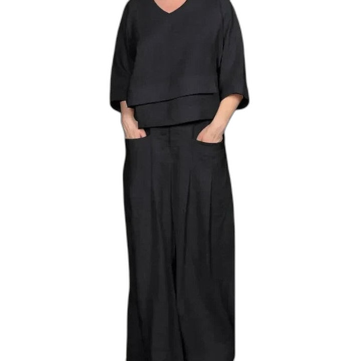 Effortless Grey Linen Two Piece Set for Women with Wide Leg Flowing Casual Style