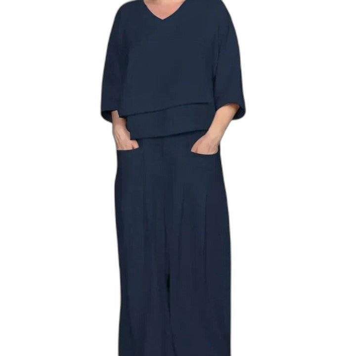 Effortless Grey Linen Two Piece Set for Women with Wide Leg Flowing Casual Style