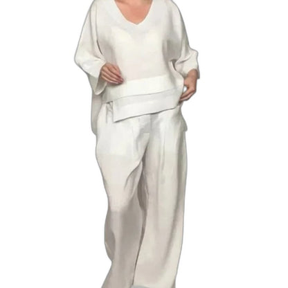 Effortless Grey Linen Two Piece Set for Women with Wide Leg Flowing Casual Style