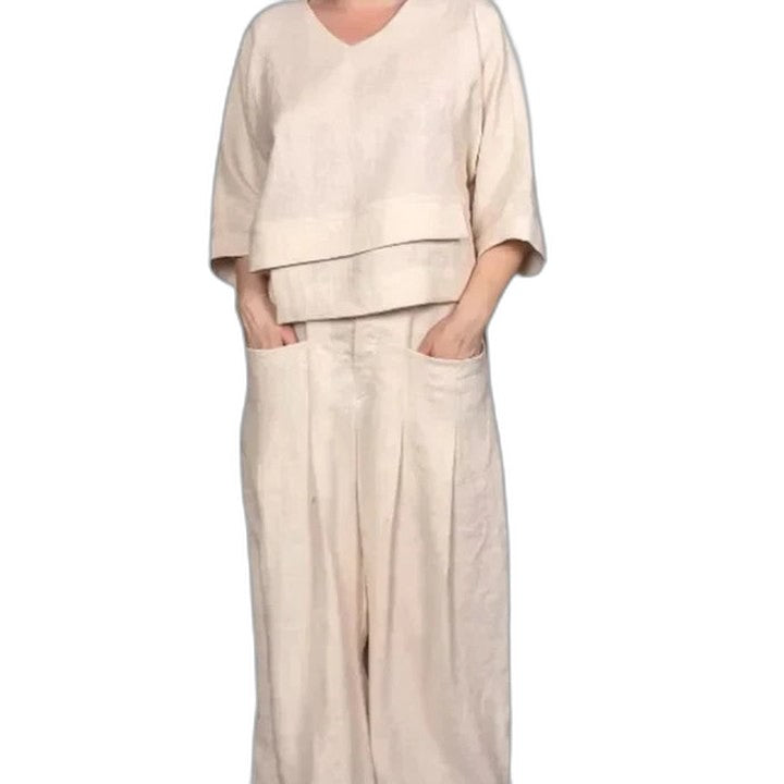 Effortless Grey Linen Two Piece Set for Women with Wide Leg Flowing Casual Style