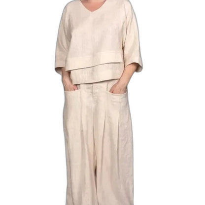 Effortless Grey Linen Two Piece Set for Women with Wide Leg Flowing Casual Style