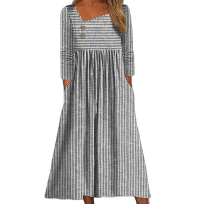Effortless Grey Midi Dress for Women with Square Neck Elbow Sleeve Pleated Flowing Pockets Casual Style