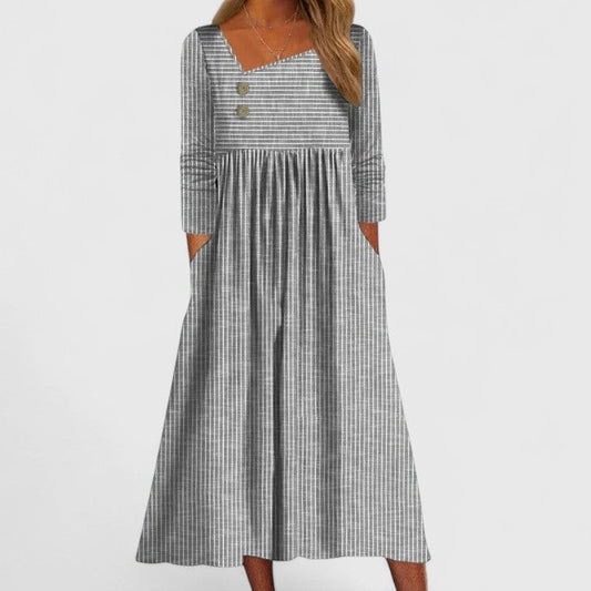 Effortless Grey Midi Dress for Women with Square Neck Elbow Sleeve Pleated Flowing Pockets Casual Style