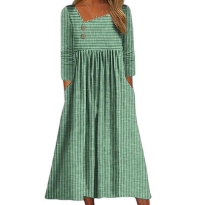 Effortless Grey Midi Dress for Women with Square Neck Elbow Sleeve Pleated Flowing Pockets Casual Style