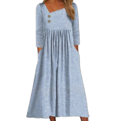 Effortless Grey Midi Dress for Women with Square Neck Elbow Sleeve Pleated Flowing Pockets Casual Style