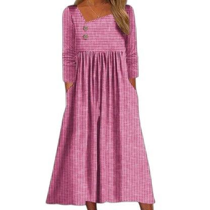 Effortless Grey Midi Dress for Women with Square Neck Elbow Sleeve Pleated Flowing Pockets Casual Style
