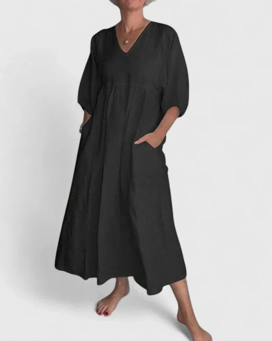 Effortless Grey Midi Dress for Women with V Neck Short Sleeve Flowing Oversized Pockets Casual Style