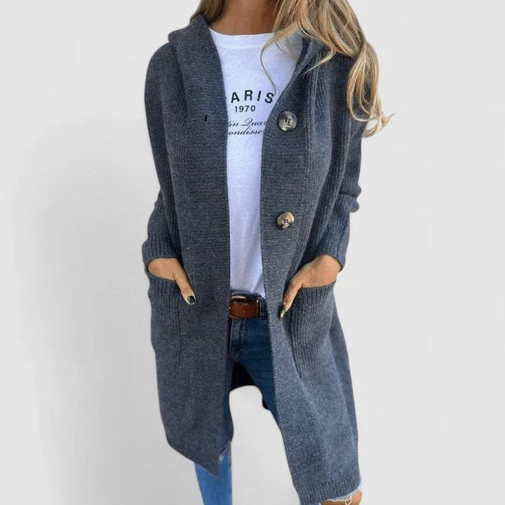 Effortless Grey Plaid Coat for Women with Collared Long Sleeve Button Front Casual Style
