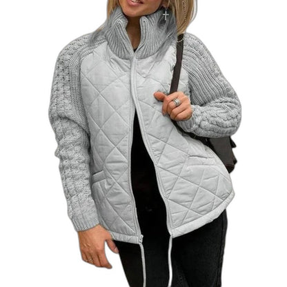 Effortless Grey Puffer Jacket for Women with High Neck Long Sleeve Quilted Casual Style
