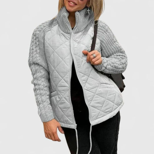 Effortless Grey Puffer Jacket for Women with High Neck Long Sleeve Quilted Casual Style